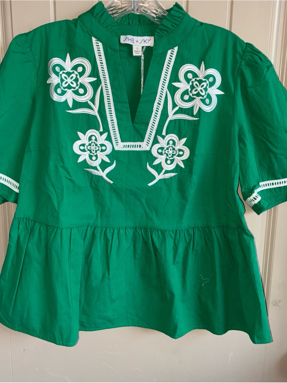 She + Sky Emerald Green Peplum Tunic with White Floral Embroidery